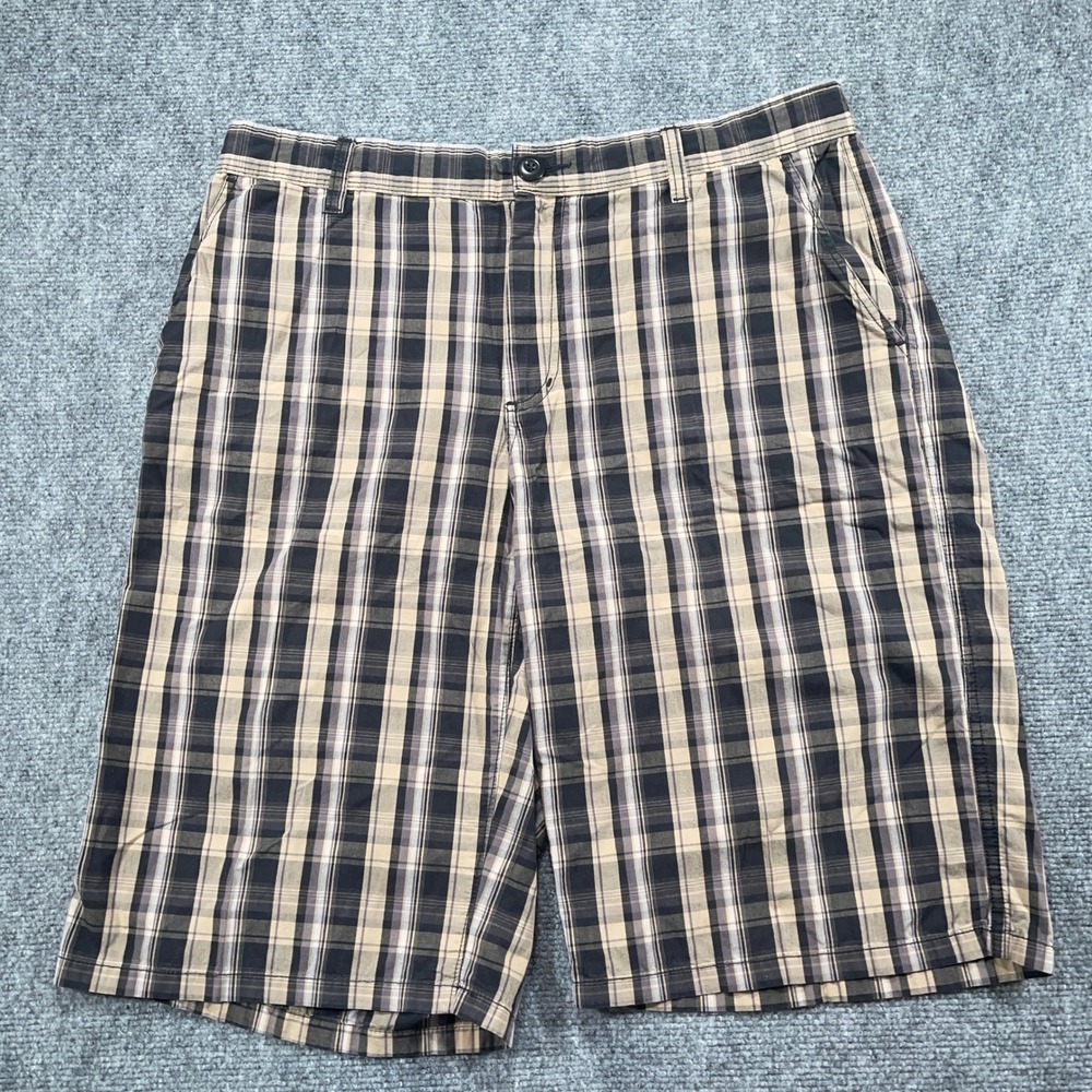 DKNY Jeans Shorts Men 33 (34) Beige Black Plaid Flat Front Pockets Casual #AB406